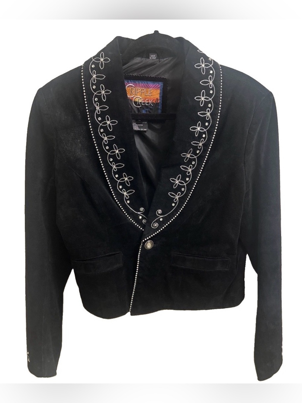 VTG Cripple Creek S Black Leather Suede Jacket Metal Stud Embellish Cropped